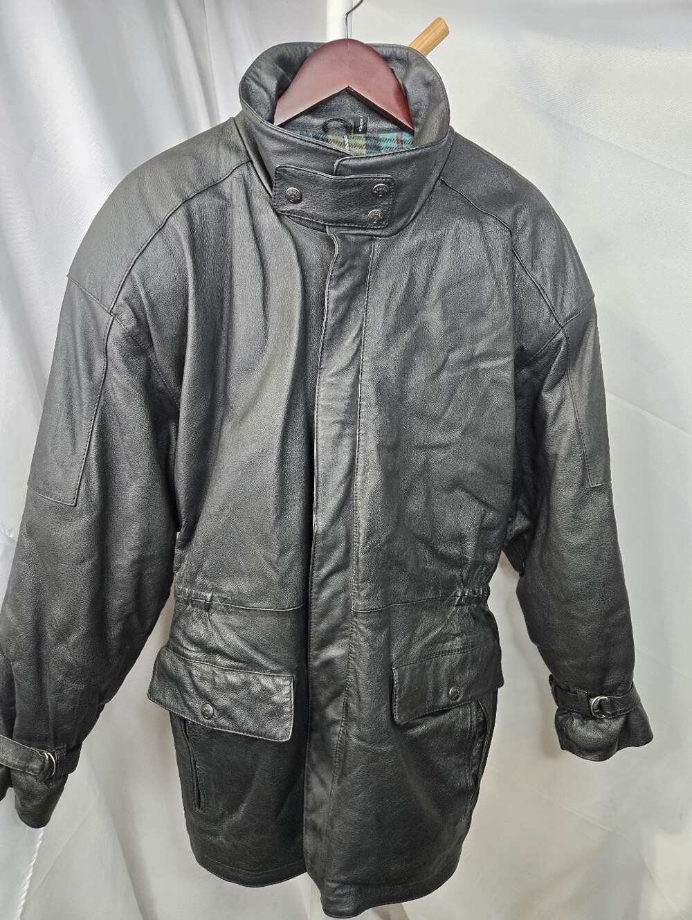 Vintage Men's Black Leather Trim Parka Jacket Coat Winter Full Zip Size M